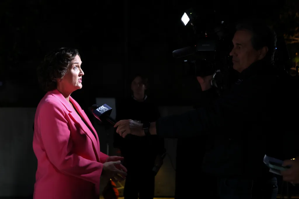 Katie Porter being interviewed by a reporter from Fox Local after the California Gubernatorial debate.