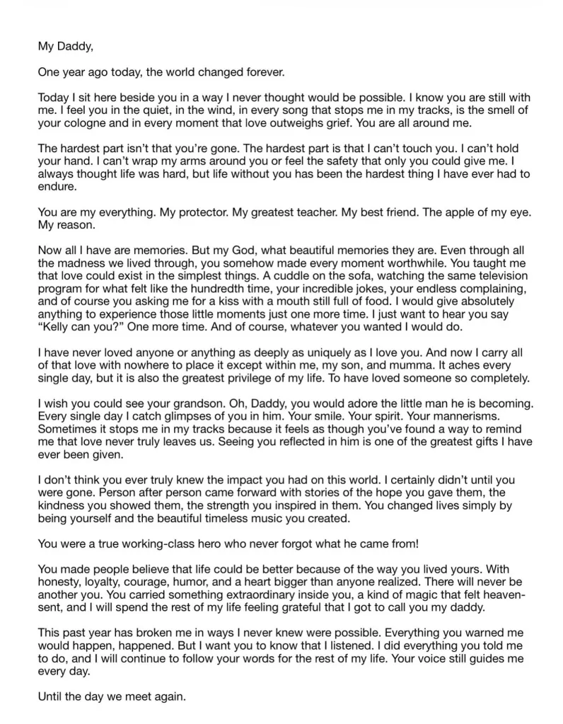 Text of a letter from Kelly Osbourne mourning her father Ozzy, one year after his death.