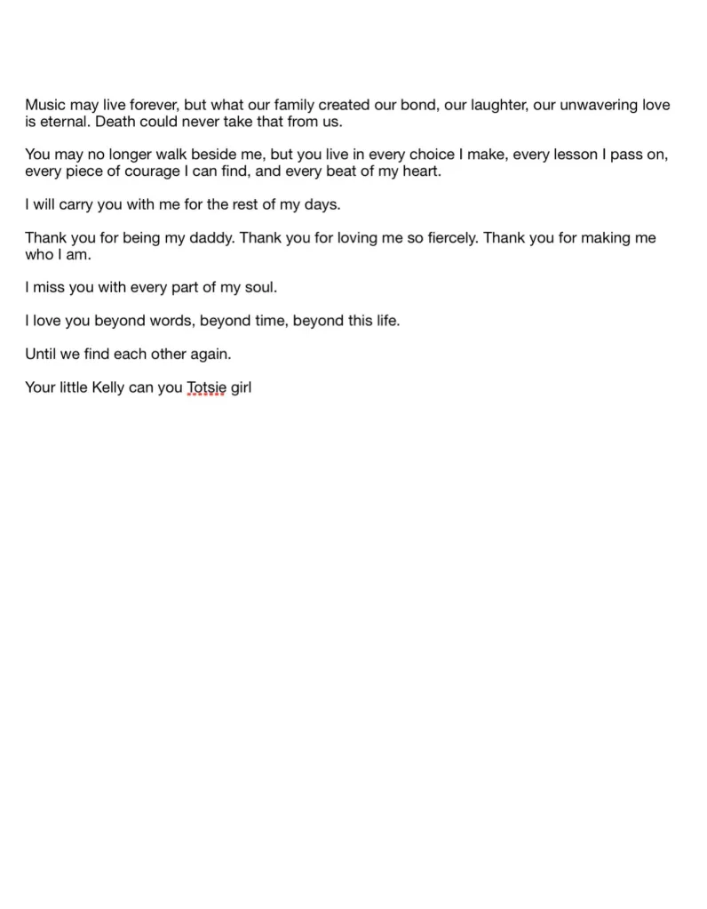 A letter from Kelly Osbourne mourning the death of her father, Ozzy Osbourne.