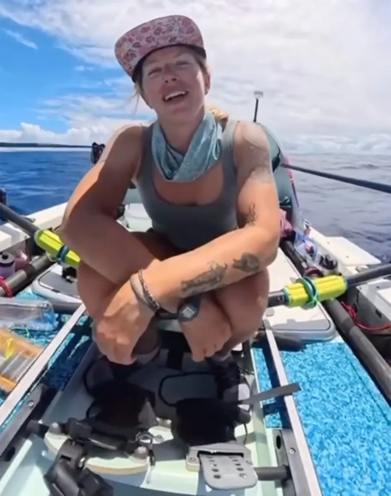 Kelsey Pfendler completing her solo rowing trip across the middle Pacific.