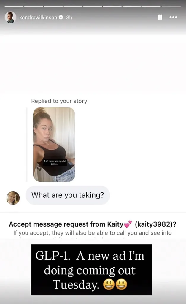 A screenshot of an Instagram message exchange between Kendra Wilkinson and a user named Kaity. Kendra is asked what she's taking, and she replies 