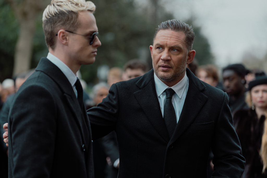 Anson Boon as Eddie Harrigan and Tom Hardy as Harry Da Souza in MOBLAND.