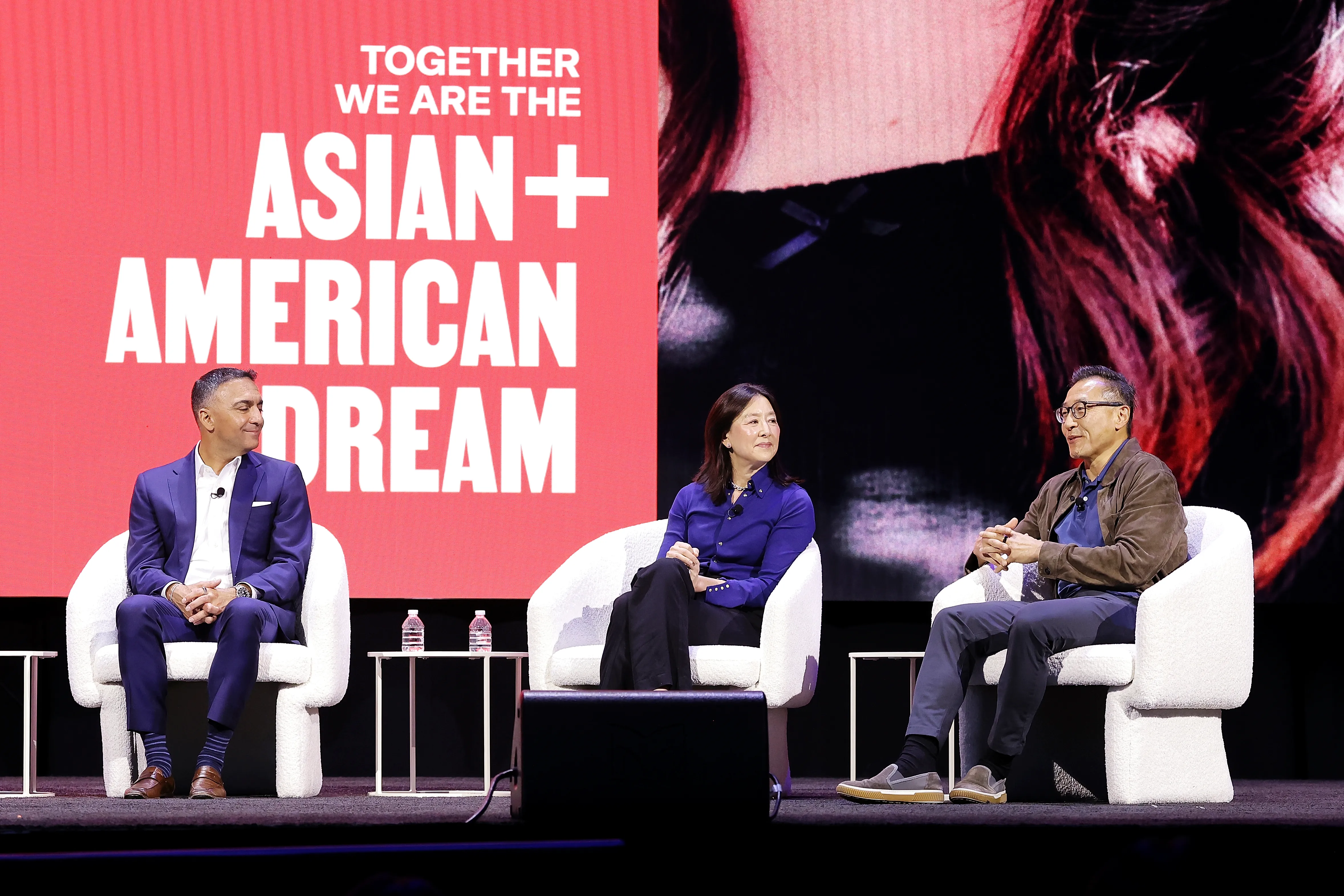 Paraag Marathe, Clara Wu Tsai, and Joe Tsai speaking at the TAAF Heritage Month Summit and Celebration.