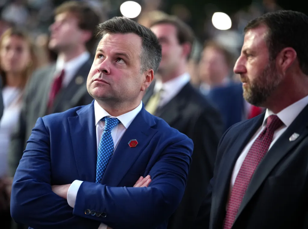 Acting DNI Bill Pulte and DHS Secretary Markwayne Mullin attend a rally in Washington, D.C.