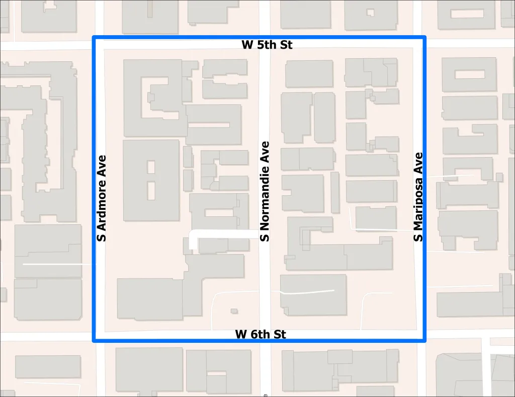 Map illustrating the boil water notice area in Koreatown, bordered by W 5th St, S Mariposa Ave, W 6th St, and S Ardmore Ave.