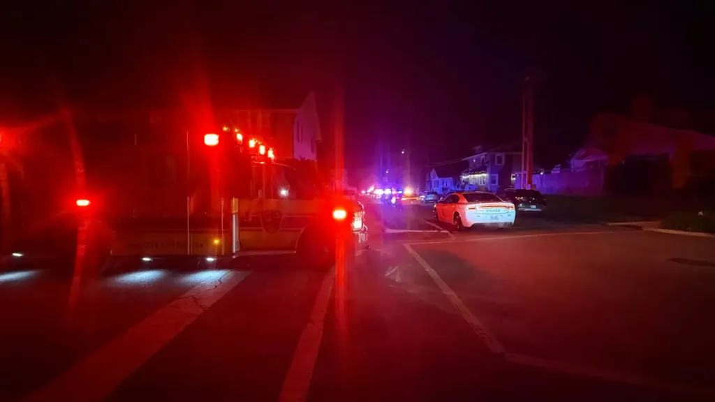 Emergency vehicles with flashing red and blue lights at night.