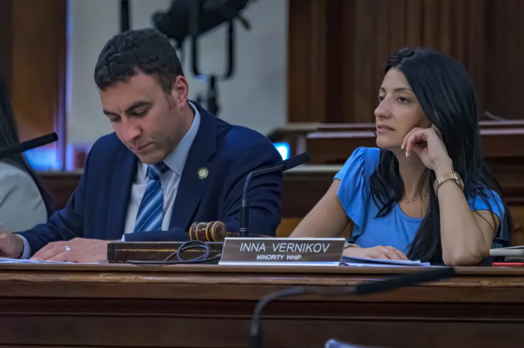 NYC Council members Eric Dinowitz and Inna Vernikov attending a hearing.