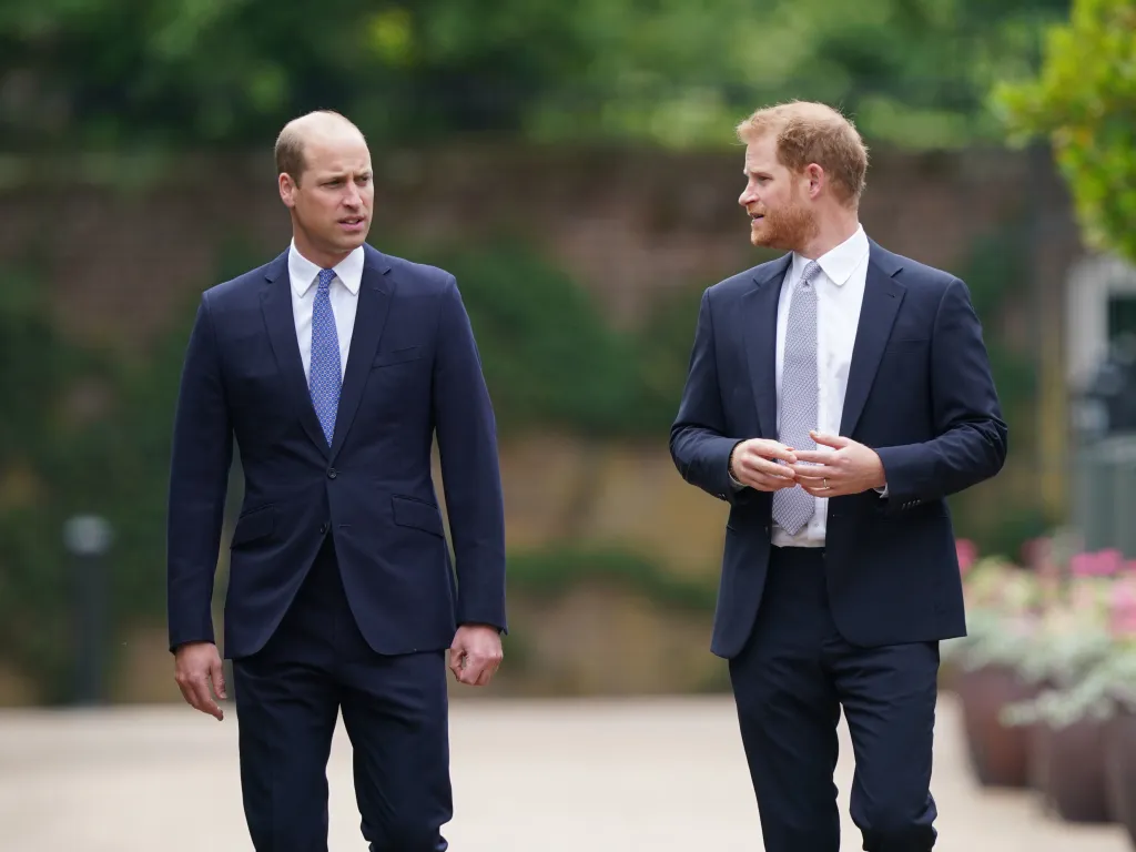 Prince William and Prince Harry walking together outside.