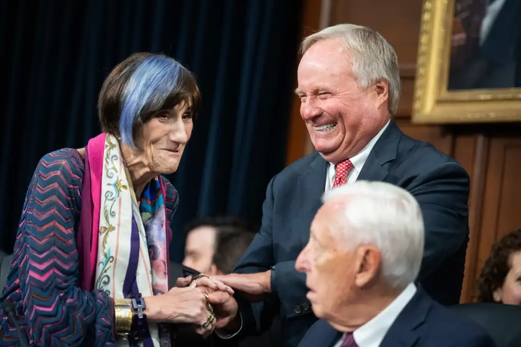 Reps. Rosa DeLauro, David Joyce and Steny Hoyer at a House Appropriations Subcommittee on Financial Services and General Government hearing on July 14, 2026.