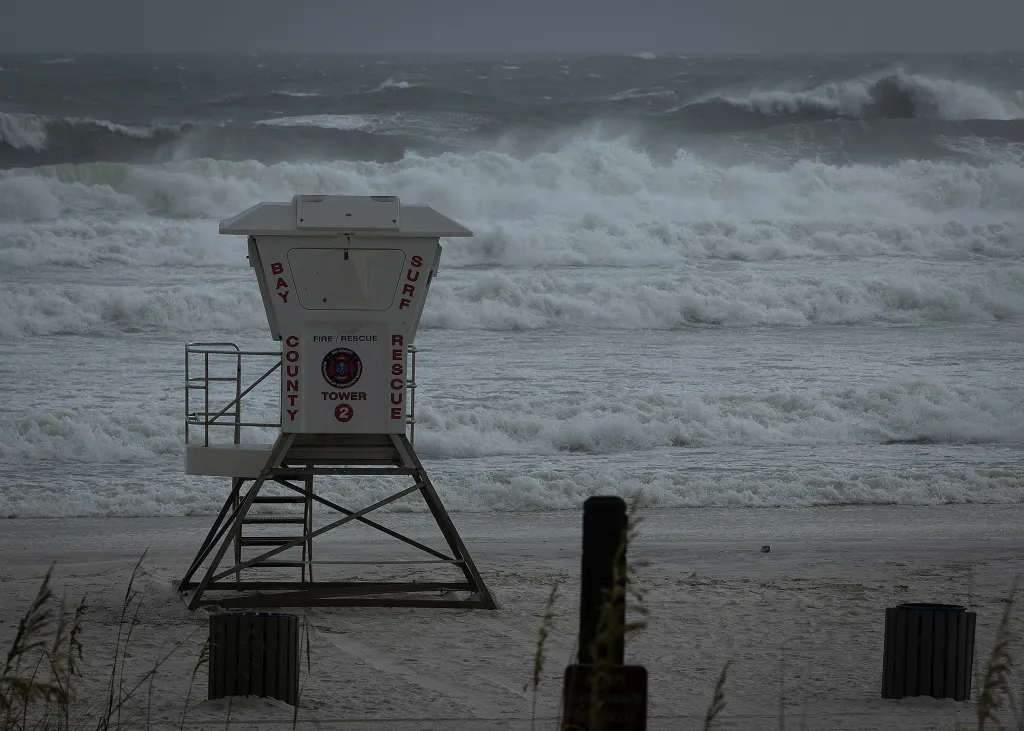 Lifeguard tower at Rick Seltzer Park in Panama City Beach, Florida, during Tropical Storm Bertha July 21, 2026.