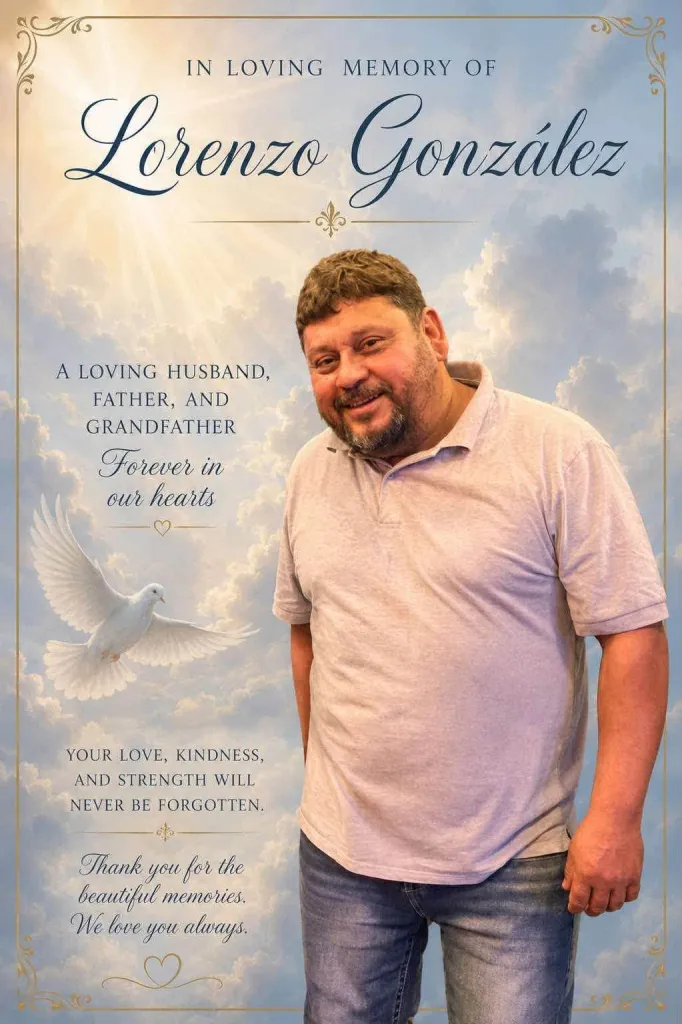 Illustration of a memorial for Lorenzo González with his photo, a white dove, and text about him being a loving husband, father, and grandfather.