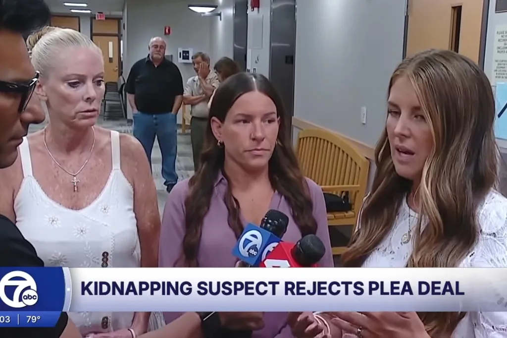Lori DeMars, Coryne Childers, and Alecia Swejkowski speaking to reporters after a kidnapping suspect rejected a plea deal.