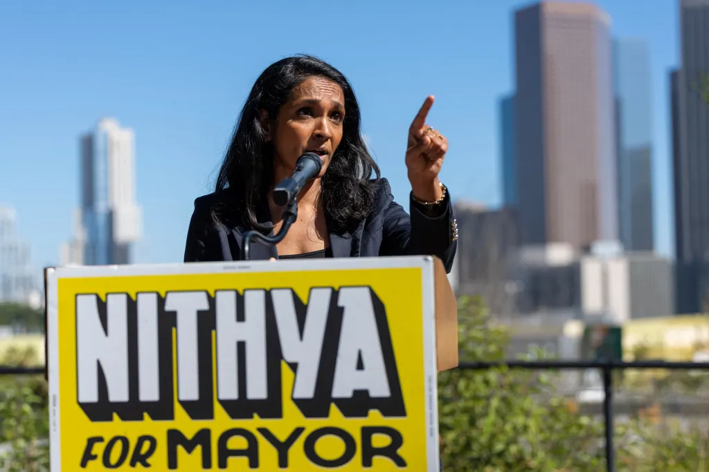 Los Angeles City Councilwoman Nithya Raman speaking at a press conference.