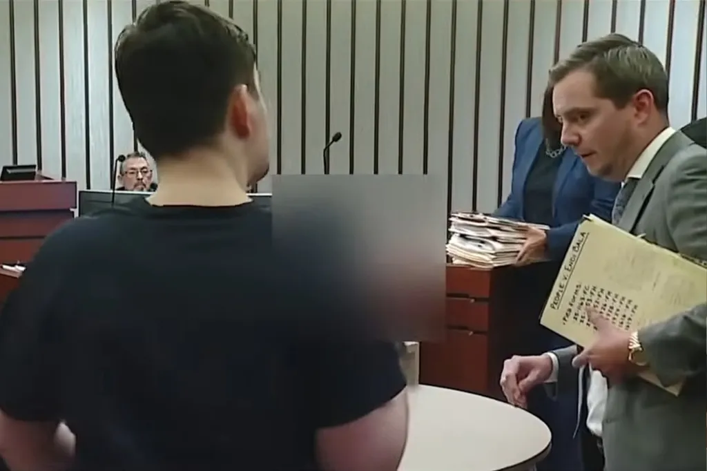 Macomb County man Endi Bala in court, his face blurred, seen from behind with a lawyer in a suit beside him.