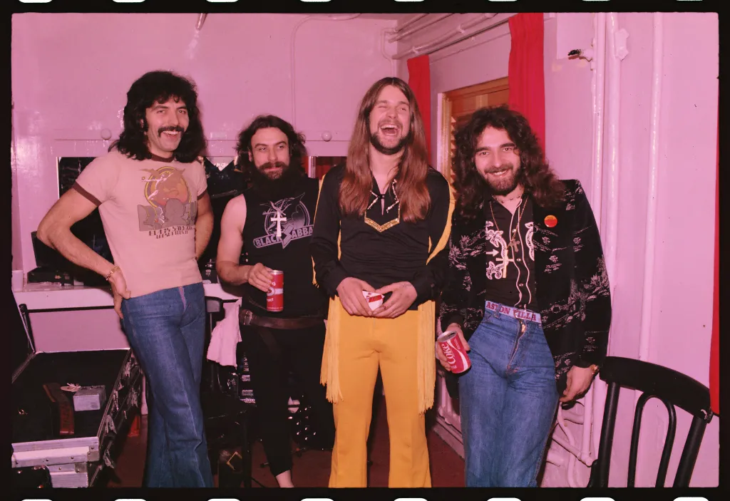 Black Sabbath backstage: Tony Iommi, Bill Ward, Ozzy Osbourne, and Geezer Butler.