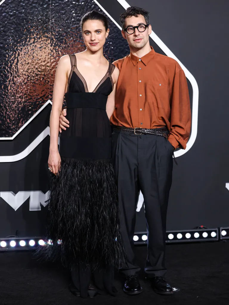 Margaret Qualley and Jack Antonoff pose on the red carpet at the 2024 MTV Video Music Awards.