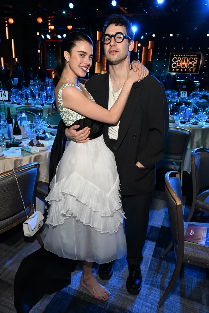 Margaret Qualley and Jack Antonoff embrace at the 27th Annual Critics Choice Awards.
