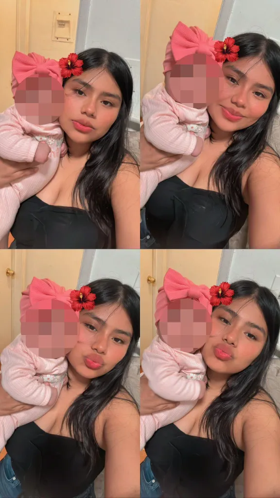 Collage of Maria Barrios Ventura holding her daughter, who is wearing a pink onesie and headband with a red flower.