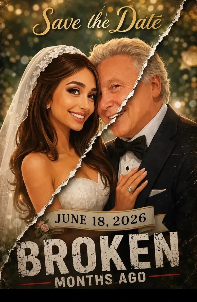 Illustration of a save the date for a wedding, ripped in half, with text "BROKEN MONTHS AGO"