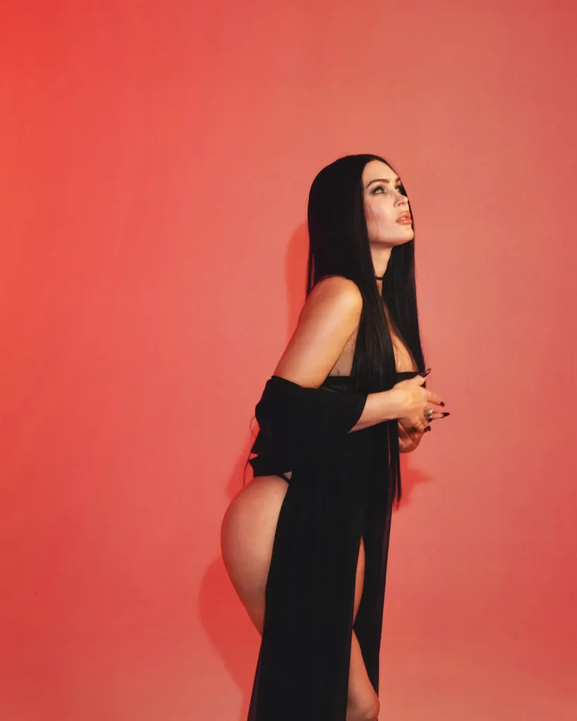 Megan Fox in gothic black lingerie.