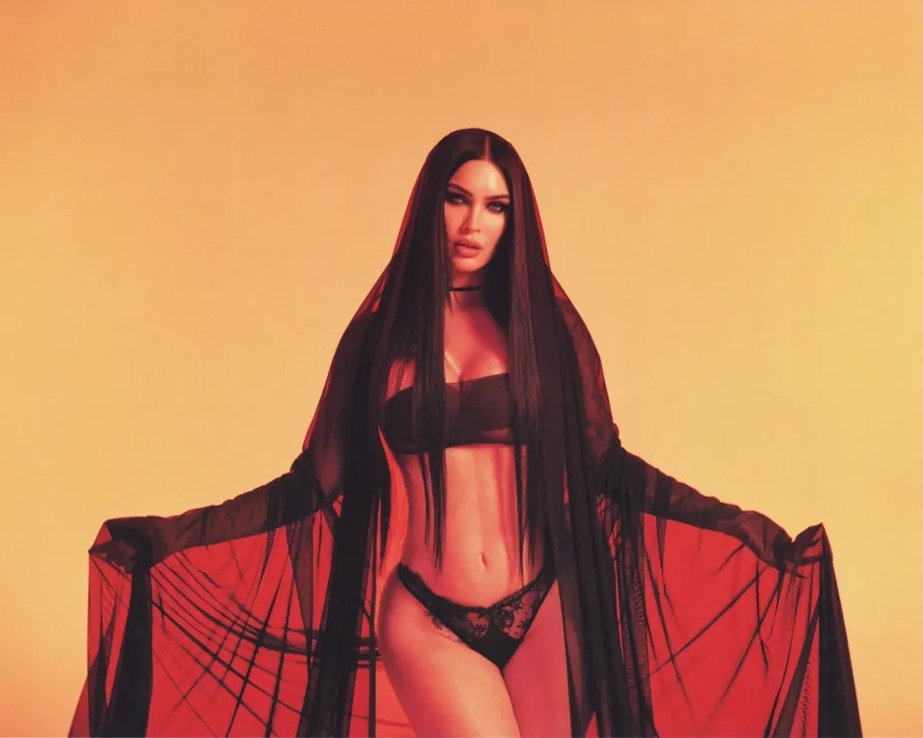 Megan Fox in black gothic lingerie and sheer black robe.