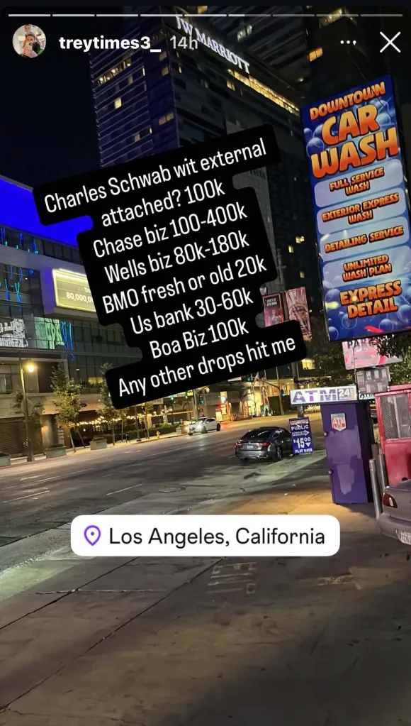 Screenshot of an Instagram story in Los Angeles, advertising bank accounts and asking for "drops," suggesting illicit financial activity.