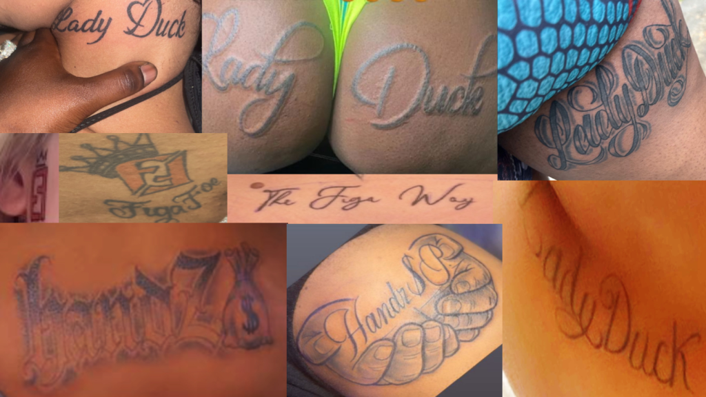 Collage of tattoos including "Lady Duck," "The Figa Way," a crown, and clasped hands.