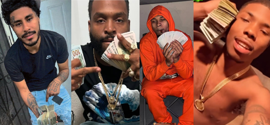 Collage of four men holding bundles of cash, identified as members of the Hoover Gang.