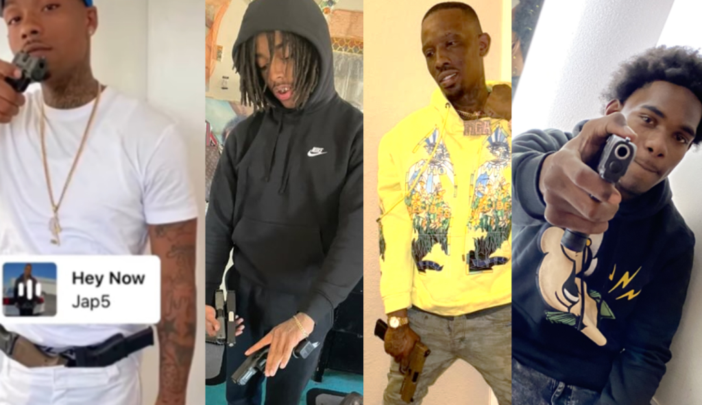 Collage of four men, each holding a firearm, with one appearing to aim at the viewer.