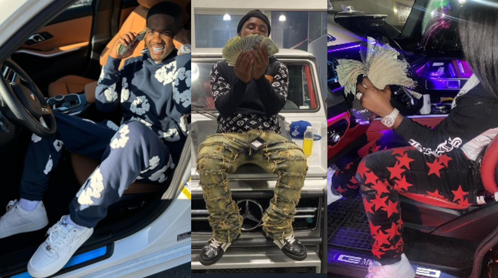 Collage of three different men displaying large amounts of cash.