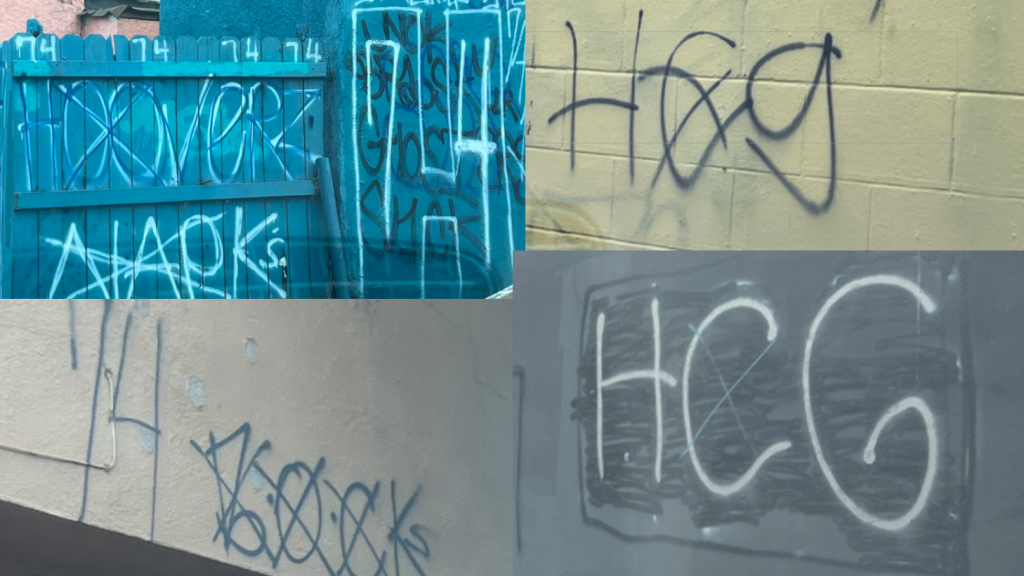 Collage of graffiti images, including "HOOVER" on a blue fence and "HCG" on walls.