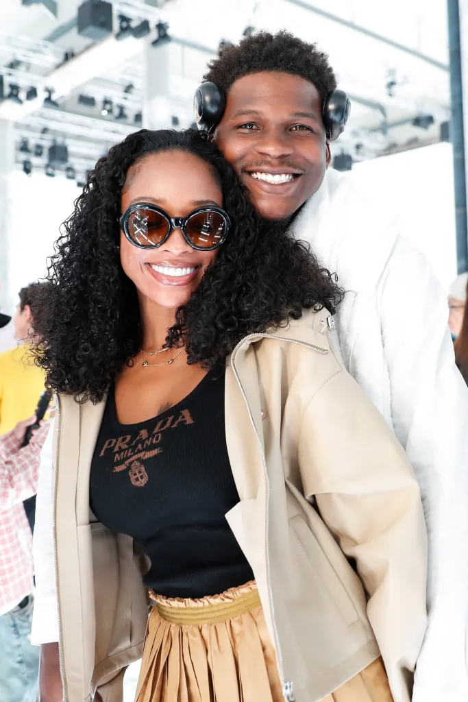 NBA player Anthony Edwards and girlfriend Shannon Jackson posing at Milan Men's Fashion Week.