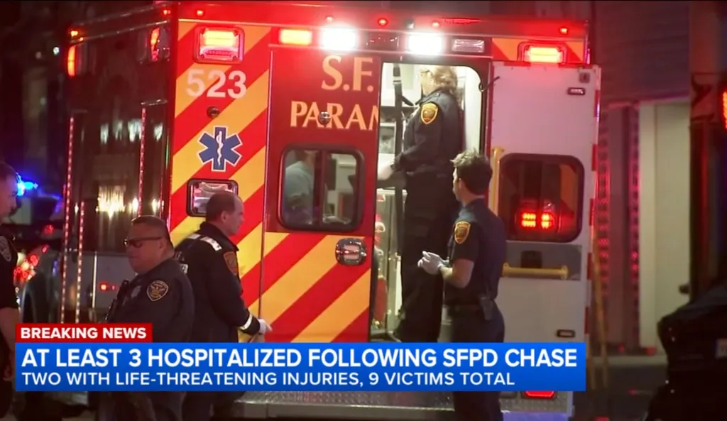 San Francisco paramedics assisting victims from a car crash during a police pursuit.