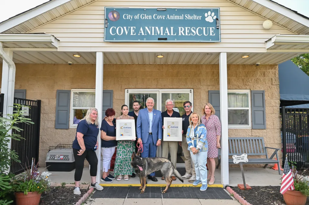 Nassau County Executive Bruce Blakeman and others make an animal shelter announcement outside the City of Glen Cove Animal Shelter.