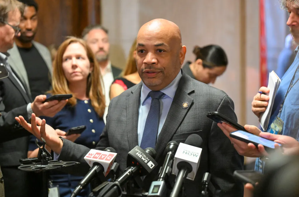 New York Assembly Speaker Carl Heastie, D-Bronx, talks with reporters about issues with 2026 state budget at the state Capitol Monday, April 28, 2025, in Albany, N.Y.