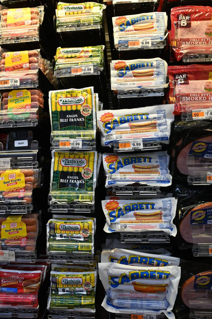 A display of hot dogs and deli meats at Morton Williams in the West Village.