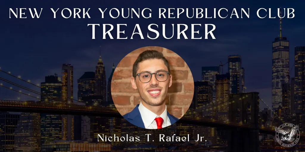 A graphic announcing Nicholas T. Rafael Jr. as Treasurer of the New York Young Republican Club, with his photo over a New York City skyline.