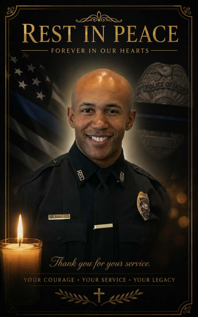 Memorial poster for Officer Fred Marsh, with his smiling portrait, a lit candle, and the text "Rest in Peace. Forever in our hearts. Thank you for your service. Your courage • Your service • Your legacy."