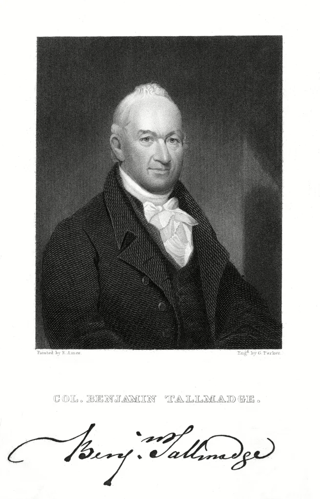 Illustration of Benjamin Tallmadge, an American soldier and director of Washington's Secret Service, with his autograph.