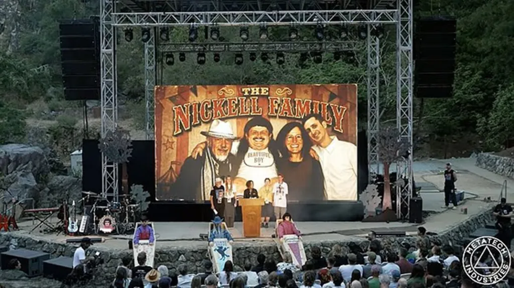 A large outdoor stage with a screen showing "The Nickell Family," with people at a podium and an audience seated in front.