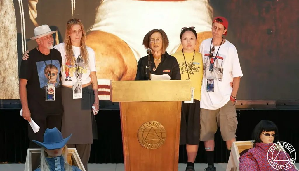 People stand around a podium with a woman speaking, with two mannequins sitting below the podium.