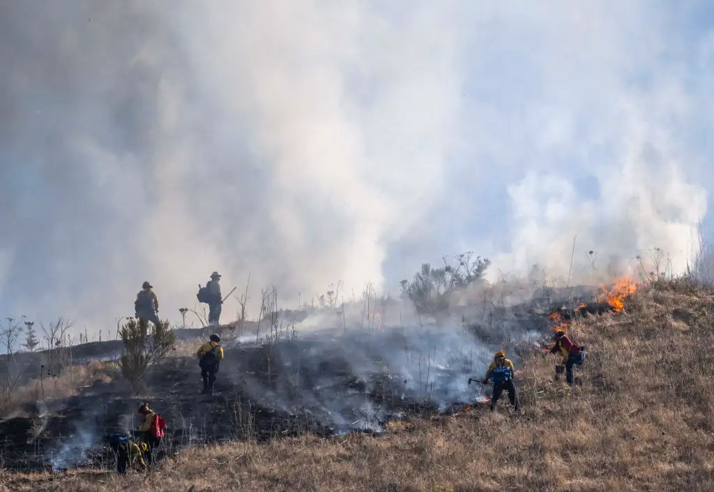 Firefighters battle a wildfire on a dry, grassy hillside.