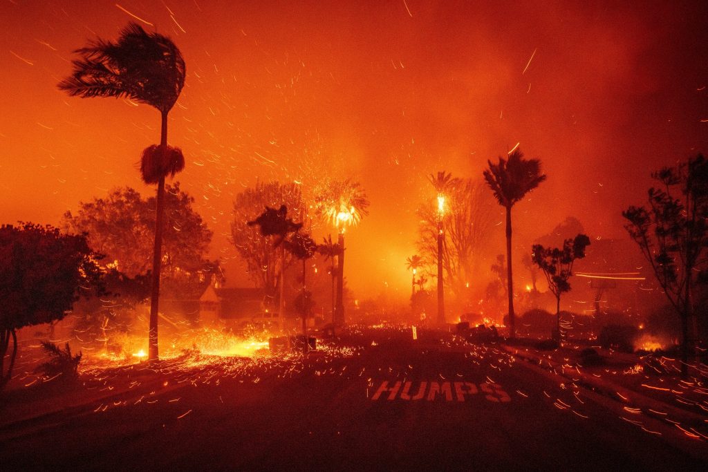 A wildfire ravages a neighborhood as sparks and embers fly through the air, and palm trees burn under high winds.
