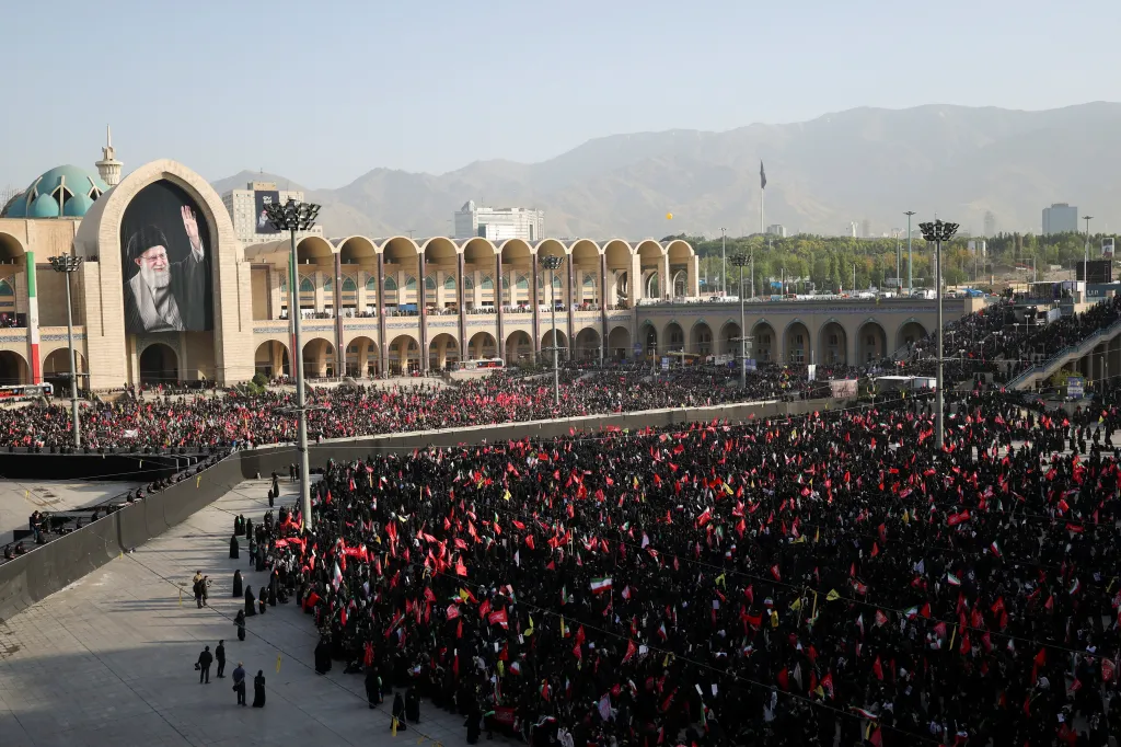 Crowds gather at the Imam Khomeini Grand Mosalla in Tehran to mourn the late Supreme Leader Ali Khamenei on July 4, 2026.