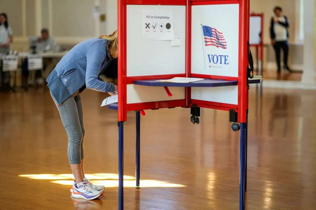 A person votes during the New Jersey primary elections for U.S. Congress, in Glen Ridge, New Jersey, on June 2, 2026.