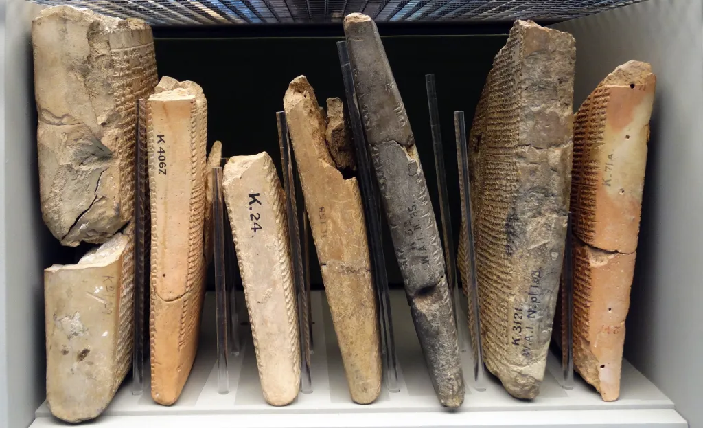 Assyrian cuneiform tablets in a museum.