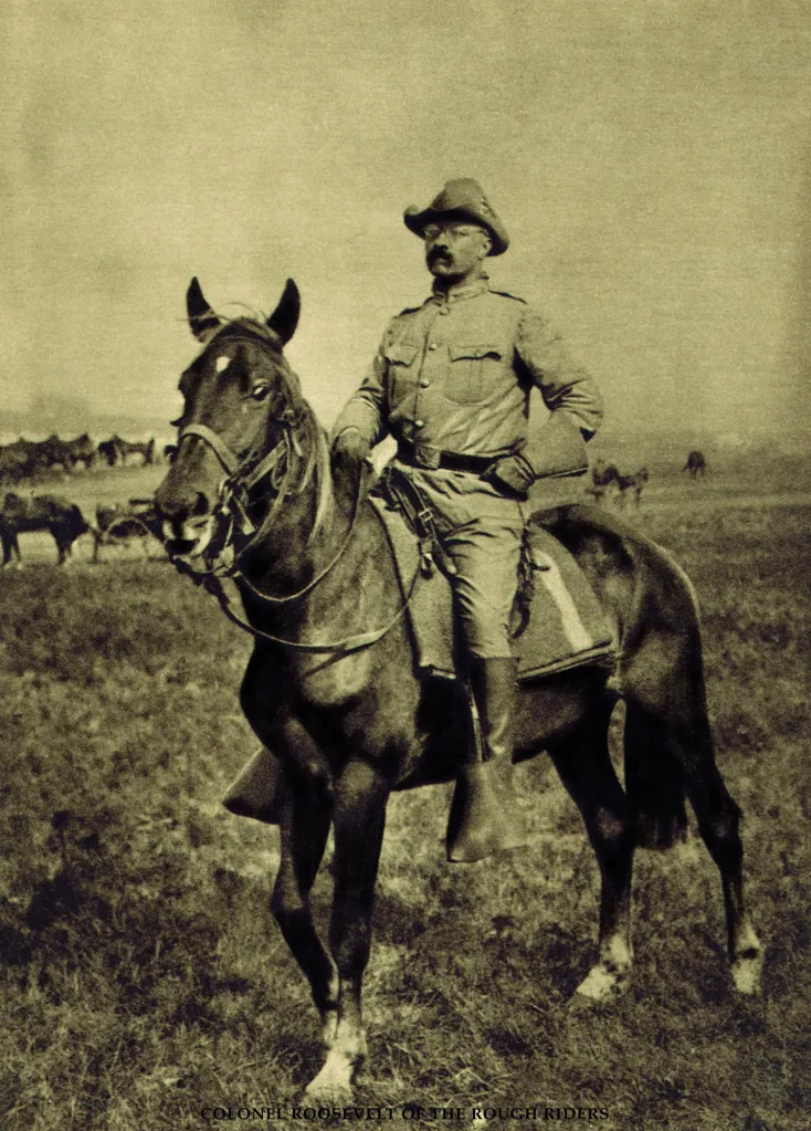 Theodore Roosevelt, as Colonel of the Rough Riders, on horseback.
