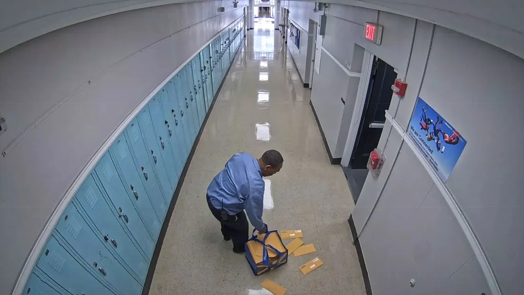 A man in a blue shirt picks up envelopes from a blue bag on the floor of a school hallway with light blue lockers.