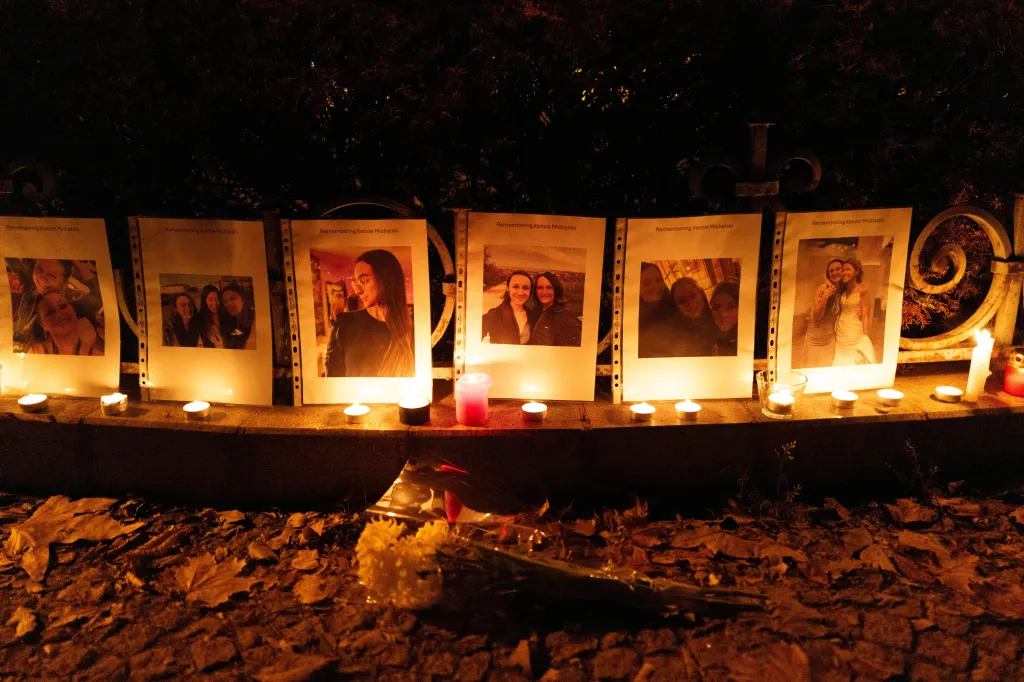 A candlelight vigil with photos of Mackenzie Michalski set up in Budapest, Hungary, on Nov. 9, 2024.