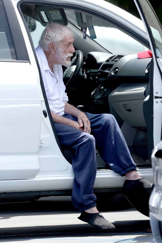 Dick Van Dyke exiting a white car, with a personalized air freshener hanging from the rearview mirror.